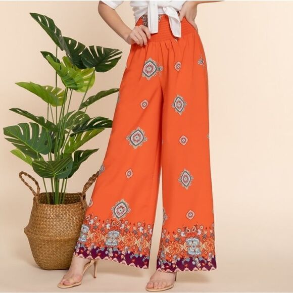 Orange Wide leg border print woven pants- - Picture 1 of 5